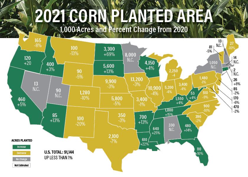 USDA's Prospective Plantings report released Wednesday showed farmers intend to plant more acres overall, but fewer than what the trade expected. Here's a breakdown of which states are seeing a shift in 2021 acres.