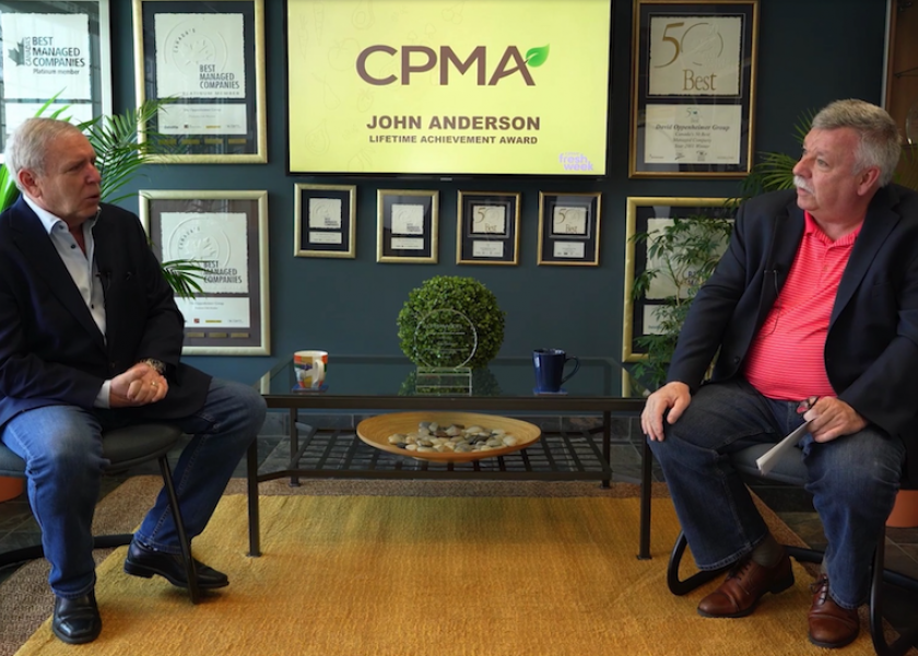 (Left to right) John Anderson, CEO, chairman and managing partner of The Oppenheimer Group as well as CPMA’s 2021 Lifetime Achievement Award winner, and Walt Breeden, vice president of Canadian sales at The Oppenheimer Group, chat about the future during the final day of CPMA's 2021 Fresh Week Trade Show and Conference.