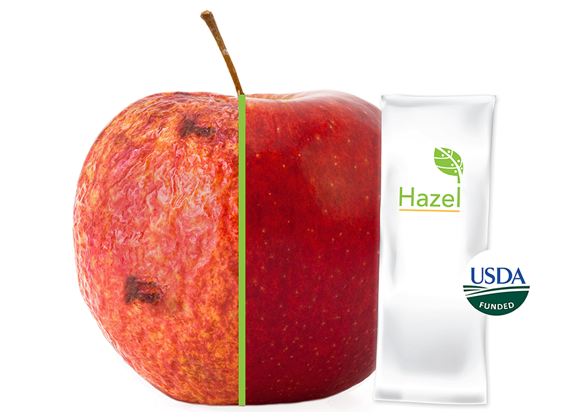 An apple not treated with Hazel Technologies' product (left) versus one treated with Hazel Tech.