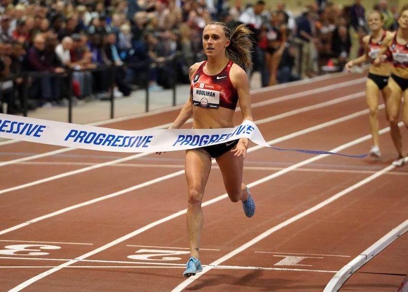 Feb 15, 2020; Albuquerque, New Mexico, USA; Shelby Houlihan wins the women's 1,500m in 4:06.41 during the USATF Indoor Championships at Albuquerque Convention Center. 
