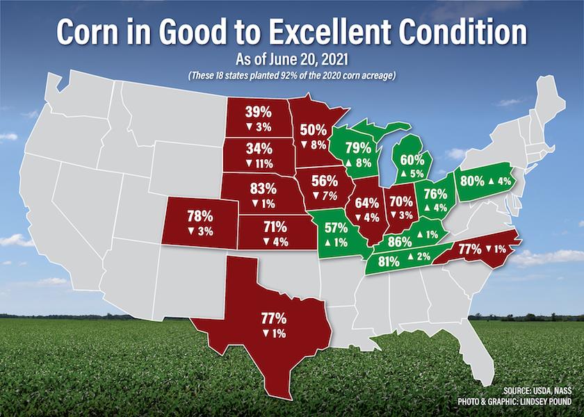 USDA's weekly Crop Progress report released Monday shows the corn crop condition ratings fell nationwide, down to 65% good to excellent. That compares to the 68% rated posted last week.