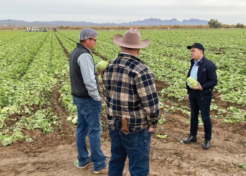 Frank Yiannas (right), FDA deputy commissioner for food policy and response, visits the Yuma growing region in Arizona to see the food safety procedures in place on growing fields and in harvesting operations.