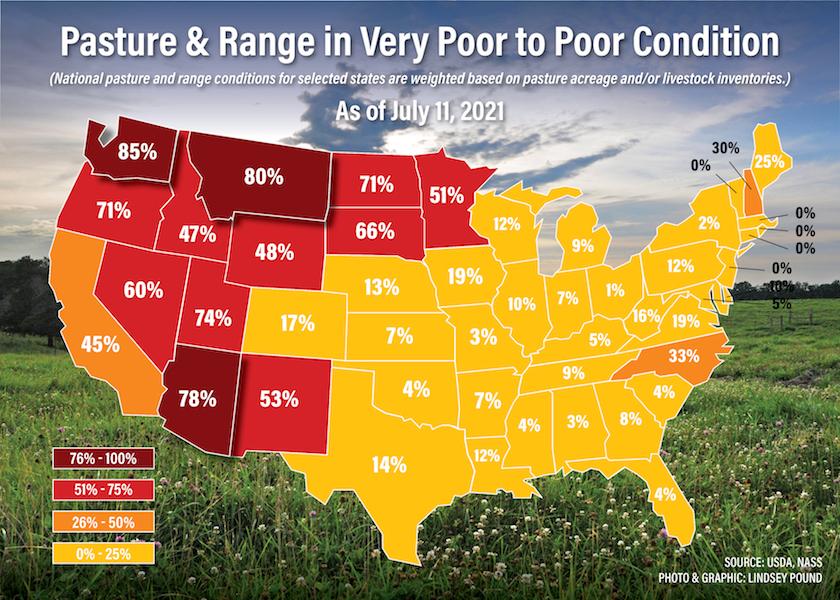 USDA's Crop Progress report shows pasture and range conditions continue to suffer with 78% of Arizona pasture and range rated poor to very poor and Washington State seeing 85% in very poor condition. 