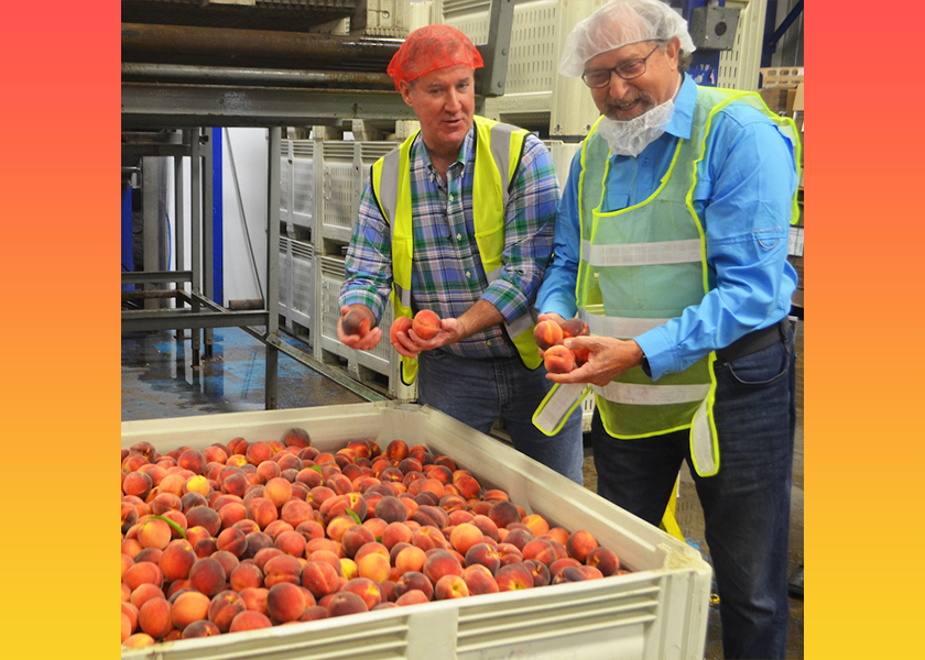 Eastern Propak CEO Rob Kearney (from left) and New Jersey Agriculture Secretary Douglas Fisher check out a bin of peaches grown in New Jersey.