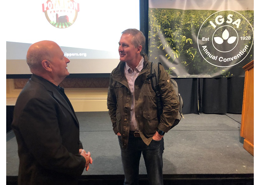 Idaho Potato Commission’s president and CEO Frank Muir (left)  is leaving the IPC on Sept. 24.   Blair Richardson, CEO of Potatoes USA, congratulates Muir Sept. 2 at the 93rd annual convention of the Idaho Grower Shippers Association in Sun Valley, Idaho.

