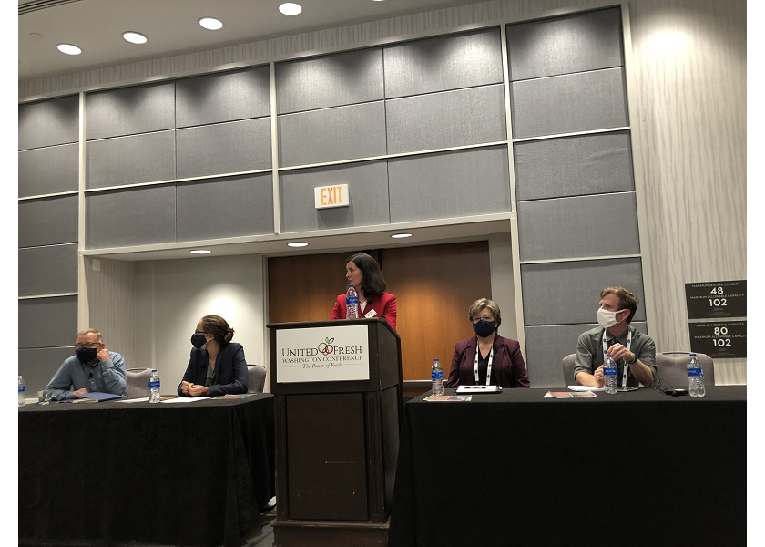 Jennifer McEntire, senior vice president of food safety at United Fresh, (center and standing) served as moderator during a two-hour session on food safety issues on Sept. 21 at the United Fresh Washington Conference.