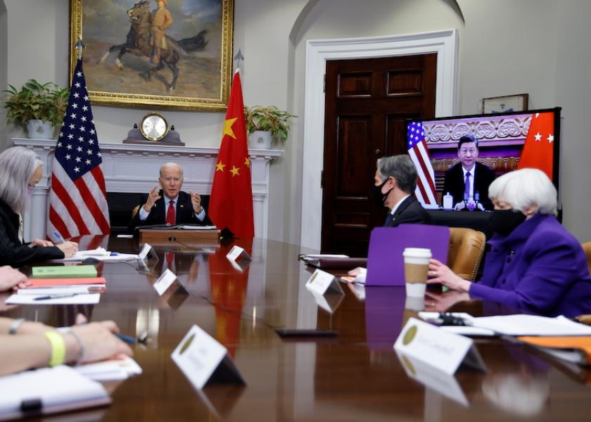 U.S. President Joe Biden, with Secretary of State Antony Blinken and Treasury Secretary Janet Yellen, speaks virtually with Chinese leader Xi Jinping from the White House in Washington, Nov. 15, 2021.