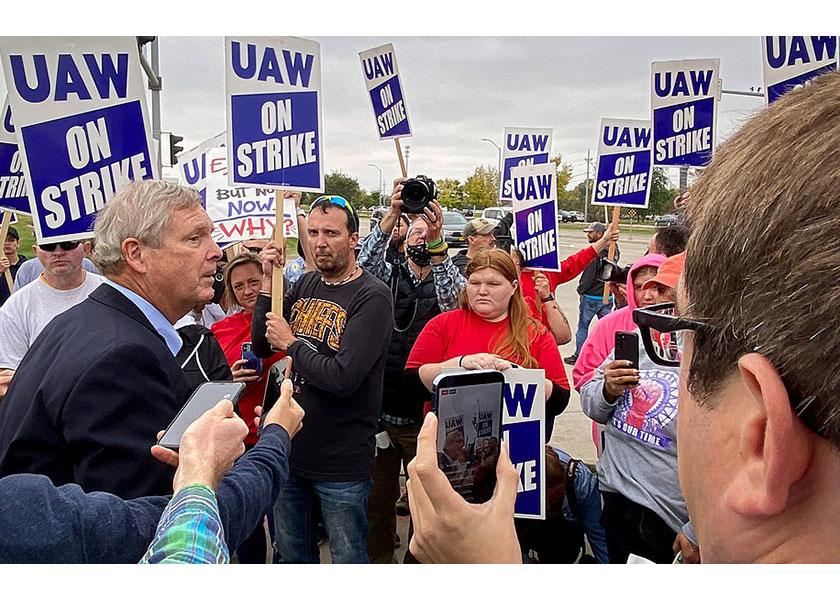 U.S. Department of Agriculture USDA Secretary Tom Vilsack met with the men and women of United Auto Workers Local 450 as they continue their fight for a fair wage, better benefits, and a secure retirement at the John Deere Des Moines Works, in Ankeny, Iowa, on October 20, 2021. 