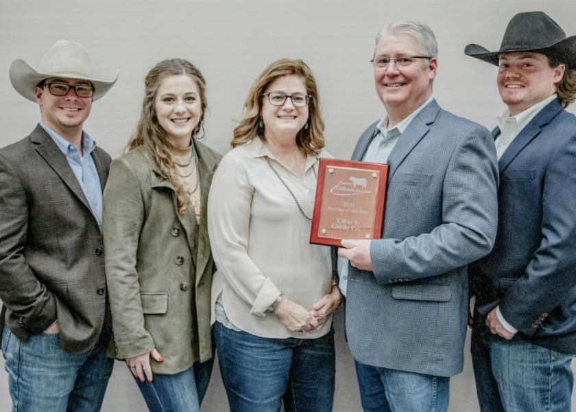 The American Gelbvieh Association named T Bar S Cattle Company, Billings, Missouri, the AGA Breeder of the Year for 2021. Pictured above (left to right): Justin, Grace, Stacy, Tom and Kyle Vehige. 