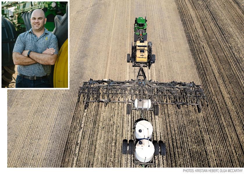 Canadian farmer Kristjan Hebert needs a few extra hitch pins this planting season. His field rig is now more of a caravan than a single implement. 