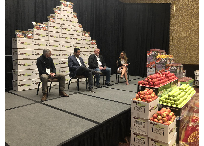 The 2022 GOPEX packaging panel included, left to right, Marco Bini, CEO of Exeter, Calif.-based Nexxt Packaging Solutions,  Art Vega, vice president of sales and marketing for Sev-Rend, Collinsville, Ill.,  Dan Davis, director of business development at Wenatchee, Wash.-based Oneonta Starr Ranch Growers and  Karen Nardozza, president and CEO of Moxxy Marketing.