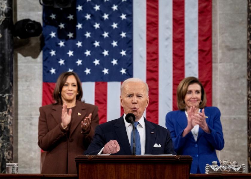  Vice President Kamala Harris and House Speaker Nancy Pelosi (D-CA) applaud as  President Joe Biden delivers the State of the Union address to a joint session of Congress at the U.S. Capitol in Washington, DC, March 1, 2022. 