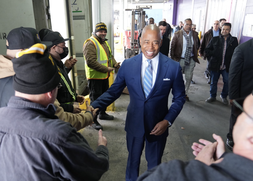 New York City Mayor Eric Adams tours Hunts Point Produce Market during an announcement the city will give $140 million to the market and surrounding south Bronx community for infrastructure improvements.