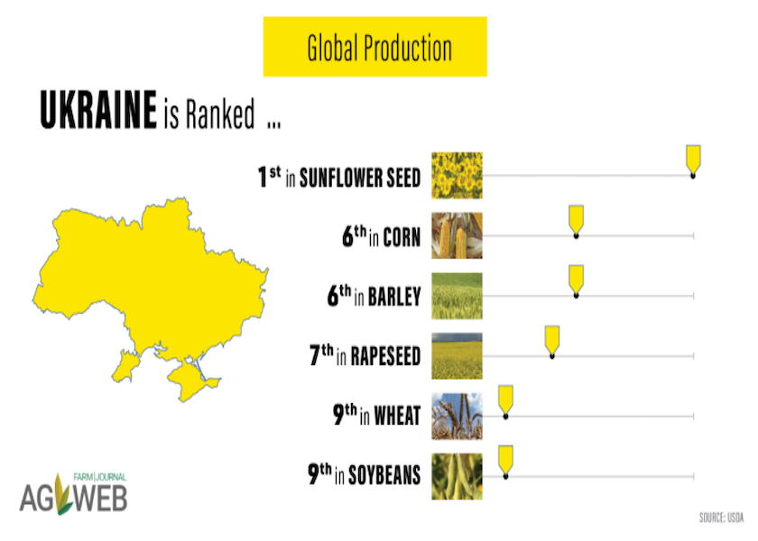 Ukraine produces half of all the sunflower oil on the world export market, along with 15% of the corn, and nearly 10% of global wheat exports annually. 