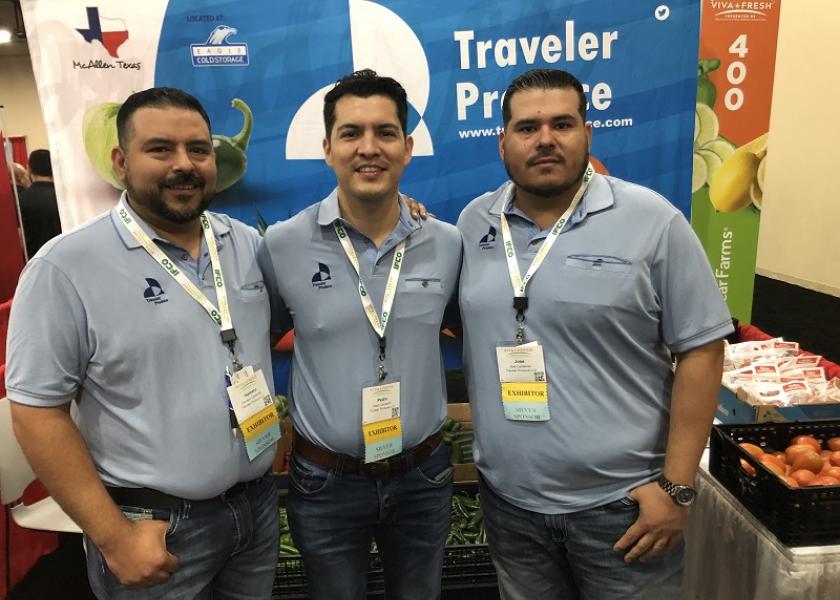Homero Cardenas, sales representative for Traveler Produce LLC, McAllen, Texas, with (left to right)  Pedro Camacho, president,  and Jose Cardenas, sales representative, at the 2022 Viva Fresh Expo on April 23.