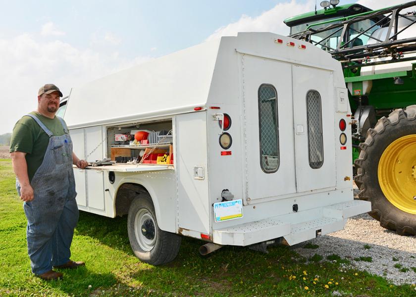 Dustin Ritter of Granger, Iowa, bought a used utility service-bodied truck and calls it his “self-propelled toolbox.” The covered center bay protects an air compressor and large boxes of parts from the weather.