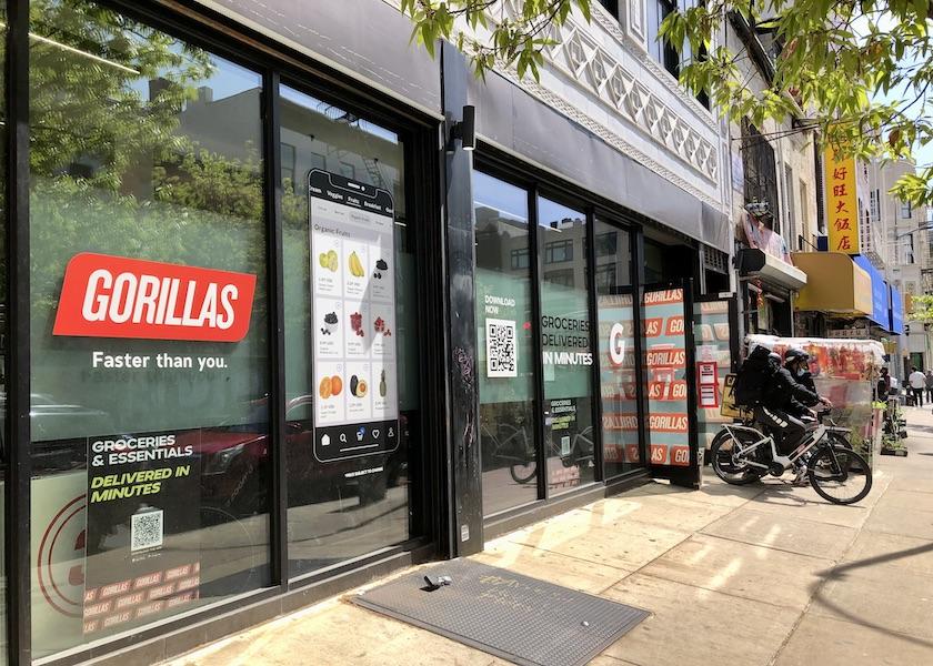 A Gorillas rider leaves the mini warehouse in the Lower East Side of Manhattan to deliver groceries in minutes to an app user.