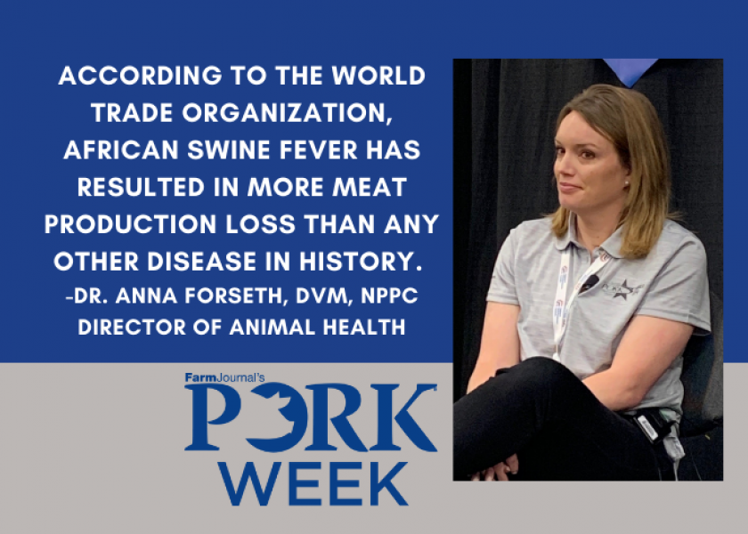 Dr. Anna Forseth, DVM, director of animal health for the National Pork Producers Council, listens to questions following her presentation on foreign animal disease preparedness at the 2022 World Pork Expo.