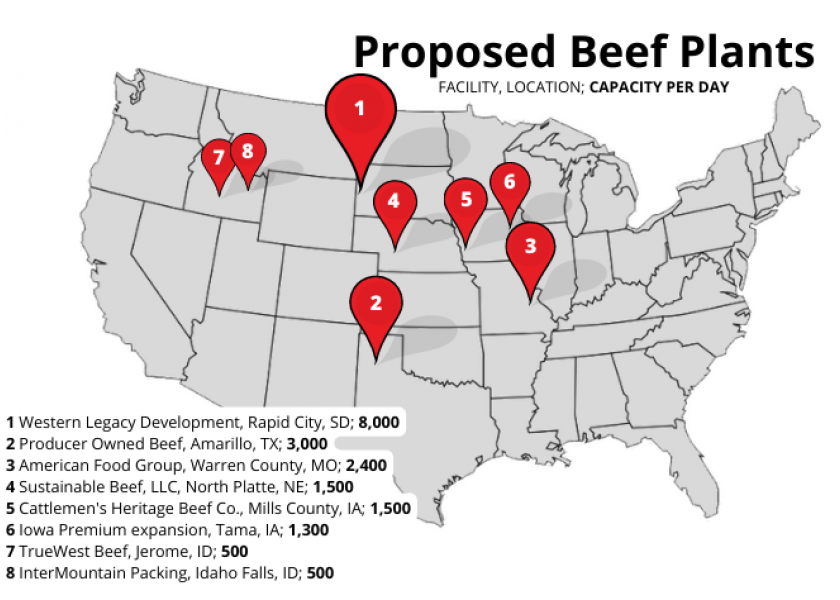 Proposed new U.S. beef packing plants.