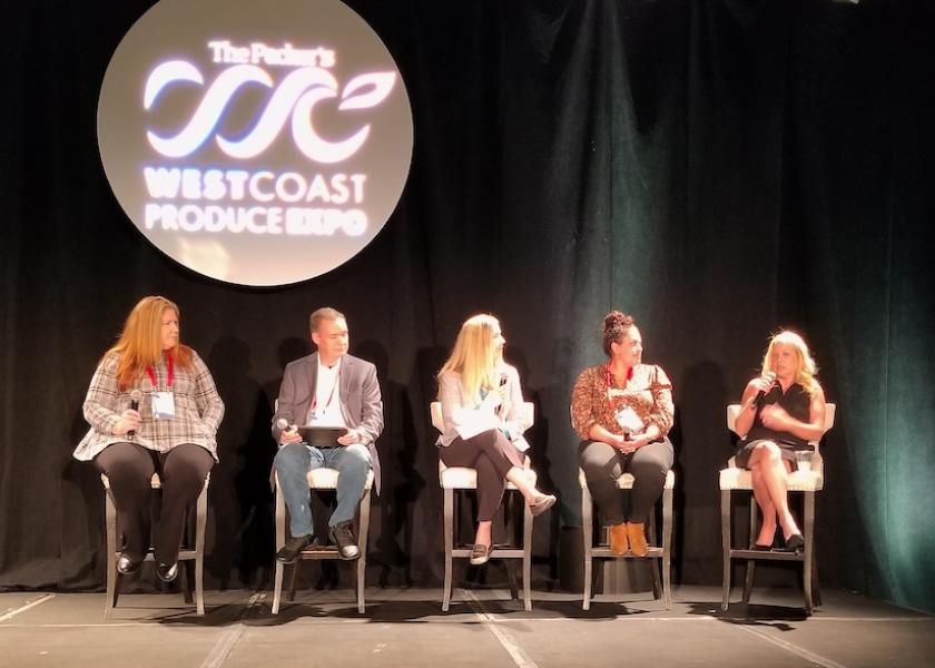 The West Coast Produce Expo's "Fresh Trends at Retail" panel discussion included Shonna Williams (from left) of Cardenas Markets, Shawn Peery of Albertsons Cos., Amy Sowder of The Packer and PMG, Rachel Shemirani of Barons Market and Caitlin Tierney of Sprouts Farmers Market. 