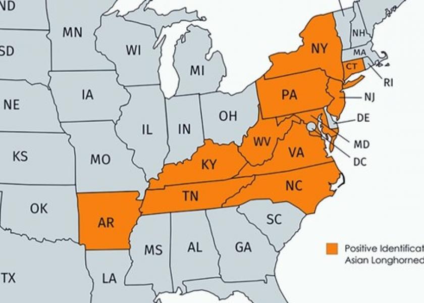 States where the Asian Longhorned tick has been identified.