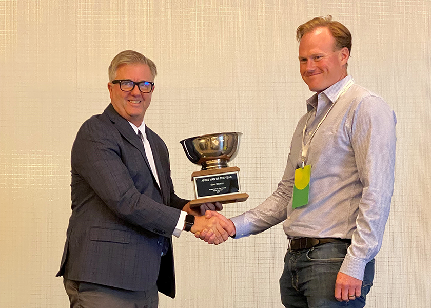  In 2021, The Packer's Tom Karst presented Sean Gilbert, general manager of Gilbert Orchards, Yakima, Wash., with the Apple Person of the Year Award on Aug. 19 at the U.S. Apple Association’s Outlook Conference.