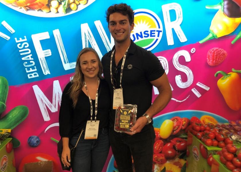 Rachel Carroll, sales representative with Mastronardi Produce Ltd. and Chip Wujek, director of customer development, display the marketer's Sugar Bomb product at IFPA Foodservice Conference on July 29.