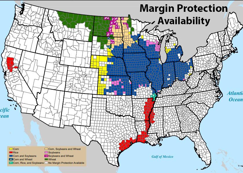 Margin Protection (MP) for the 2023 crop is avialable for corn, soybeans, wheat and rice in the colored counties. 