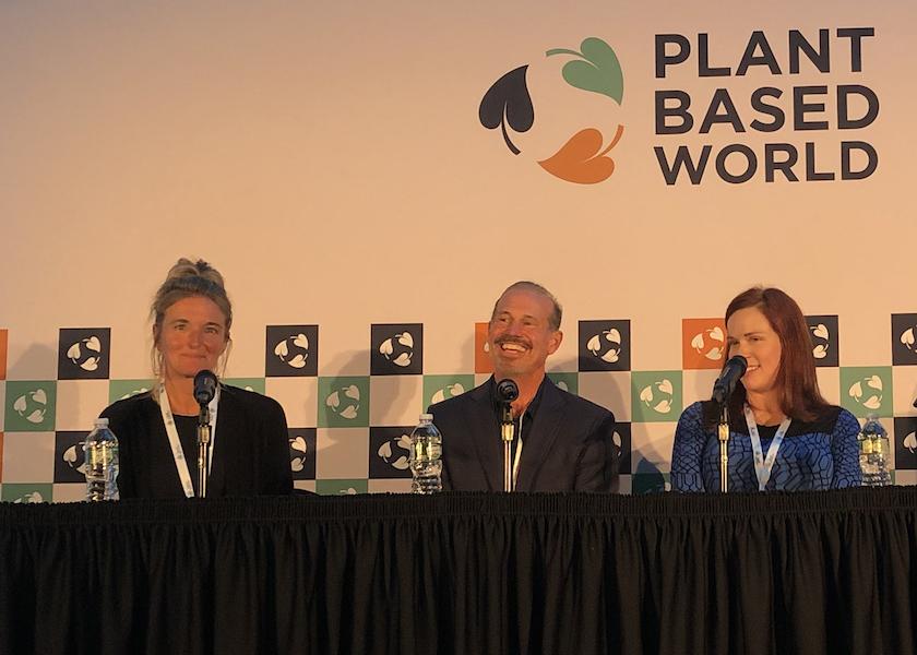 Plant Based World Expo panelists on a retail session include: Julie Mann (from left), chief innovation officer at Puris; Dr. Scott Stoll, cofounder of the Plantrician Project; and Molly Hembree, registered dietitian at Kroger.

