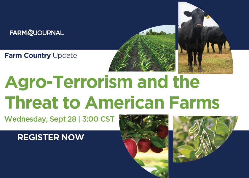The free online event is titled “Agroterrorism Remains a Significant Threat to U.S. Farms and Food Supply” and is set for Wednesday, Sept. 28, 2022, at 3 p.m. CDT. 