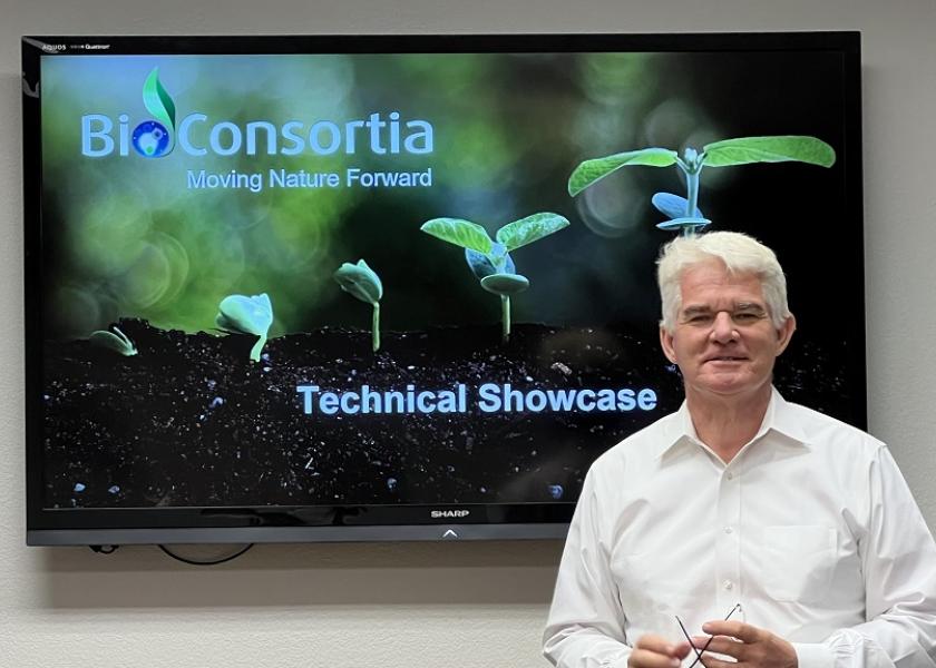  Marcus Meadows-Smith, CEO presenting at BioConsortia Technology Showcase investor audience at company headquarters, Davis, Calif.,  on Aug 30