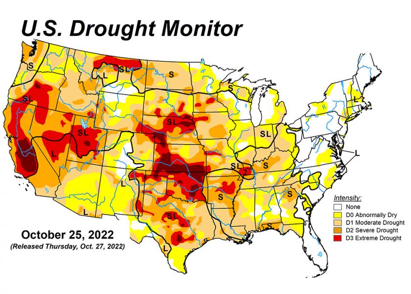 As of Oct. 25, nearly 63% of the U.S. is experiencing drought conditions. That’s more than a 3% increase from just last week and the highest it's been since 2012.