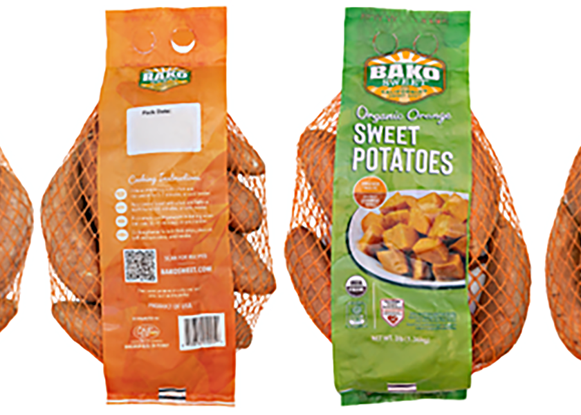 Bako Sweet’s new design for its 3-pound and 5-pound mesh sweet potato bags features guidance through recipes and cooking instructions.