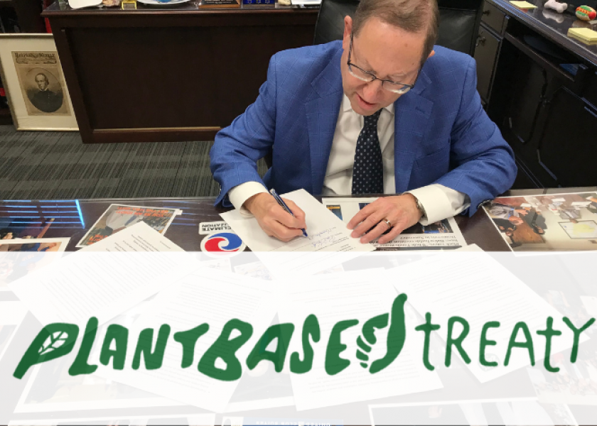 The Los Angeles, Calif., City Council's Paul Koretz signs the Plant Based Treaty, intending on halting expansion of animal agriculture and promoting a shift towards plant-based diets.