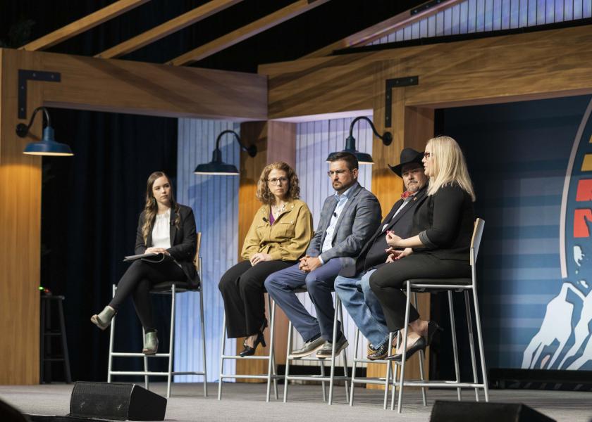 Consumer Perspectives Panel speaks during the third general session at the 2022 Angus Convention on November 6 in Salt Lake City, Utah. Pictured from left are Nicole Erceg, Danette Amstein, Abram Babcock, Jonathan Perry and Jessica Willingham. 
