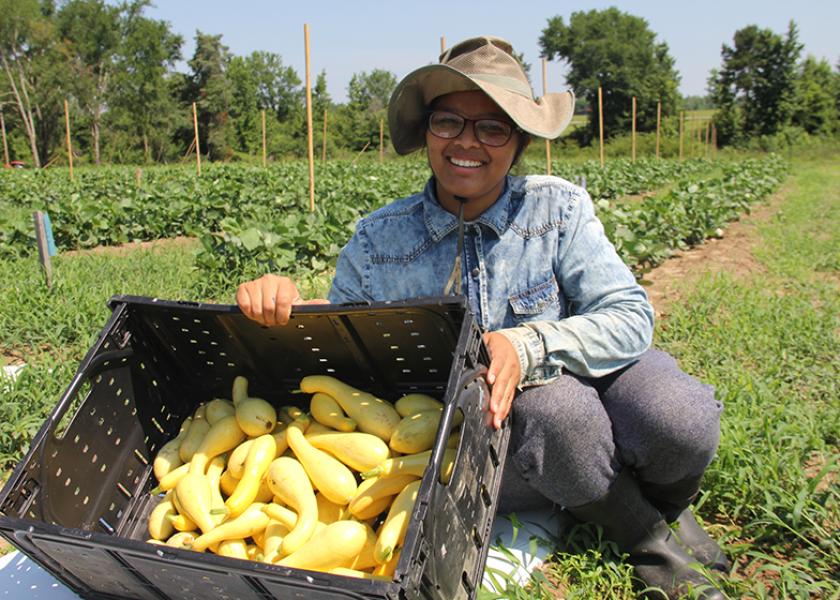 Sonu Koirala, a former Tuskegee Univeristy graduate student, is shown harvesting squash as part of her research on the performance of selected organic pesticides against major insect pests of organic vegetables. 