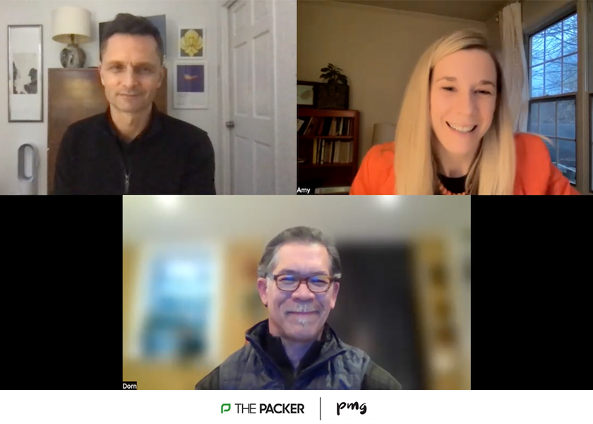 Clockwise, from top left: Tobias Peggs, CEO of Square Roots; Amy Sowder, PMG editor and The Packer's retail and education editor; and Dorn Wenninger, UNFI’s senior vice president of produce, chat on the Tip of the Iceberg podcast.