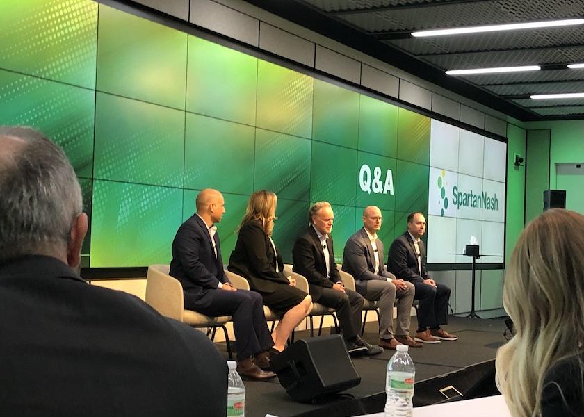 SpartanNash executives, with CEO Tony Sarsam at center, answer questions from investors Nov. 2, at the company's inaugural SpartanNash Investor Day in Manhattan. 