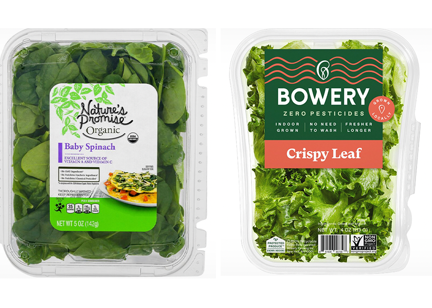 Private label products, like this organic baby spinach from Nature's Promise, and mission-driven companies, such as indoor vertical grower Bowery Farming, are two of the five 2023 trends predicted by FreshDirect. 