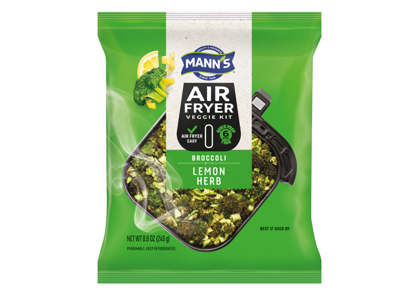The 7.8-ounce to 8.8-ounce Mann Air Fryer Veggie Kits are available in Broccoli with Lemon Herb, Cauliflower with Parmesan Peppercorn, and Green Beans with Charred Onion & Bacon flavors.