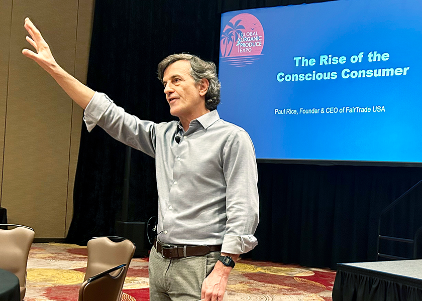 Paul Rice, founder and CEO of Fair Trade USA, gave a keynote presentation on “The Rise of the Conscious Consumer” Jan. 31 at the Global Organic Produce Expo 2023, held at the Seminole Hard Rock Hotel & Casino in Hollywood, Fla.