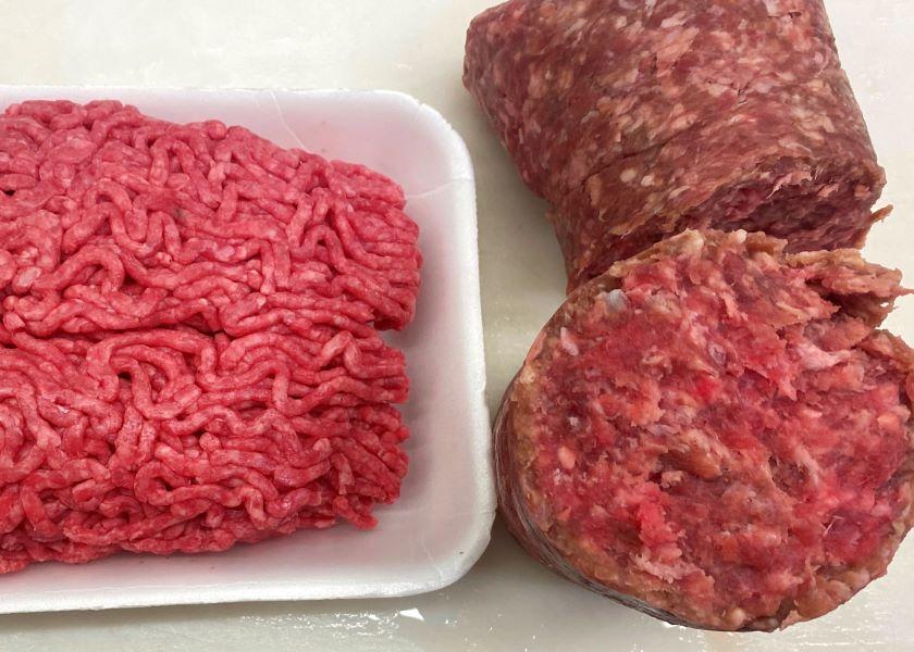 The ground beef on the left was purchased at retail and the ground beef on the right was a thawed, 2-lb. chub of vacuum-sealed ground beef processed in the University of Florida meat lab. “The UF chub has more fat and is way better blended than the picture that’s been circling around on social media,” says Chad Carr, a meat Extension specialist at the University of Florida.