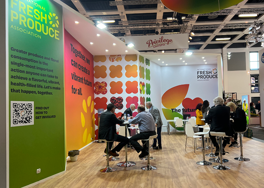 Pictured is the International Fresh Produce Association booth at Fruit Logistica.