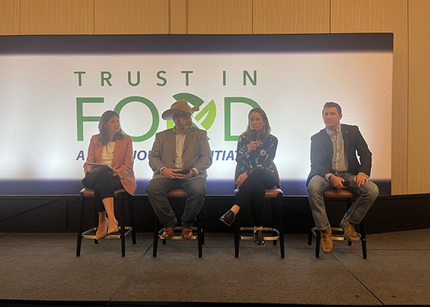 From left, Trust In Food President Amy Skoczlas Cole moderates the discussion with Chad Ellis, CEO of Texas Agricultural Land Trust and founding chair of Trust In Beef; Liz Hunt, head of sustainable and responsible business at Syngenta; and Mitchell Hora, founder and CEO of Continuum Ag and a seventh-generation farmer. 