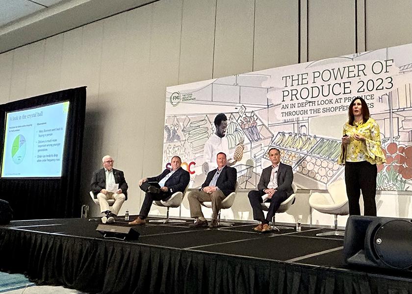 Shown from left are Rick Stein, FMI vice president of fresh foods; Mike Emery, director of produce category pricing and merchandising for Hannaford Supermarkets; Jeff Cady, vice president of produce and floral for Tops Markets; Rich Gonzales, vice president of global produce sourcing for Walmart; and Anne-Marie Roerink, president of 210 Analytics.