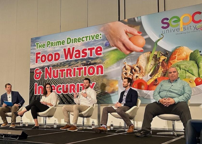 At the Southeast Produce Council's 2023 Southern Exposure event, the food waste and nutrition insecurity education panel session included (left to right): Pete Pearson, session moderator and global initiative lead of the food circularity program at World Wildlife Fund; Abby Prior, chief commercial officer of indoor grower BrightFarms; Justin LaCroix, director of sustainable operations and brand lead for health and sustainability at Ahold Delhaize USA; Nathan Fenner, president and co-founder of Afresh; and Luis Yepez, chief procurement officer of The Farmlink Project.