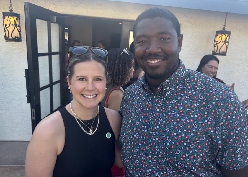 Anna Fagan, social media marketing association at AeroFarms, and Kelvin Beachum, offensive tackle for the NFL's Arizona Cardinals, AeroFarms investor and Feeding America's entertainment council member, attend the VIP party hosted by AeroFarms at Produce for Better Health's Consumer Connection Conference April 10 in Scottsdale, Ariz.