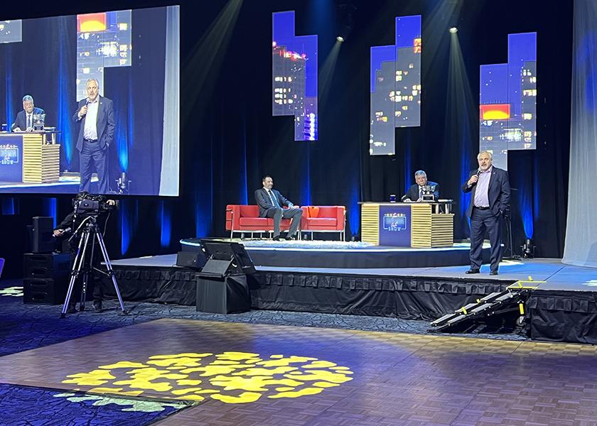 Walt Breeden, Oppy’s former vice president of Canadian sales, played late-night talk show host at CPMA’s award banquet April 27. He was joined on stage by The Packer’s Matt Morgan, who presented Mario Masellis with the 2023 Canadian Produce Person of the Year award.