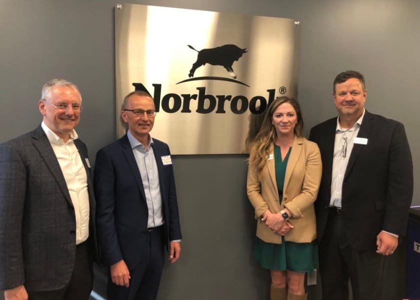 Norbrook Laboratories hosted a reception for customers and other industry leaders at its expanded facility based in Lenexa, Kan., on April 17. Pictured here, left to right, is Kevin Holland, chief commercial officer, Oliver McAllister, chief finance officer, Dr. Emily Latimer, technical services veterinarian for the company, and Bruce Brinkmeyer, vice president of Norbrook for North America.
