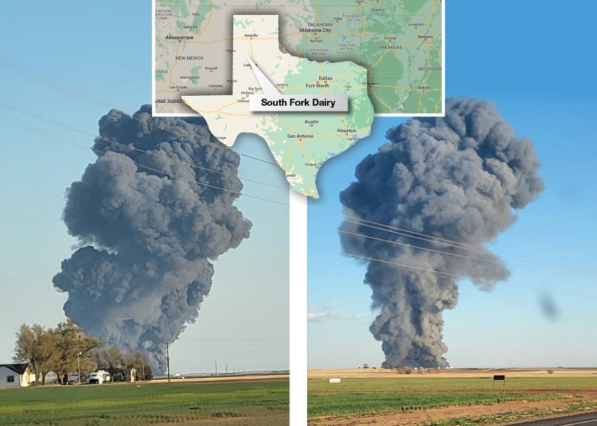 An explosion and fire occurred at South Fork Dairy located outside of Dimmitt, Tex. Monday night. The cause is still unknown, but reports say the explosion engulfed multiple structures, and the smoke cloud could be seen from as much as 80 miles away. 